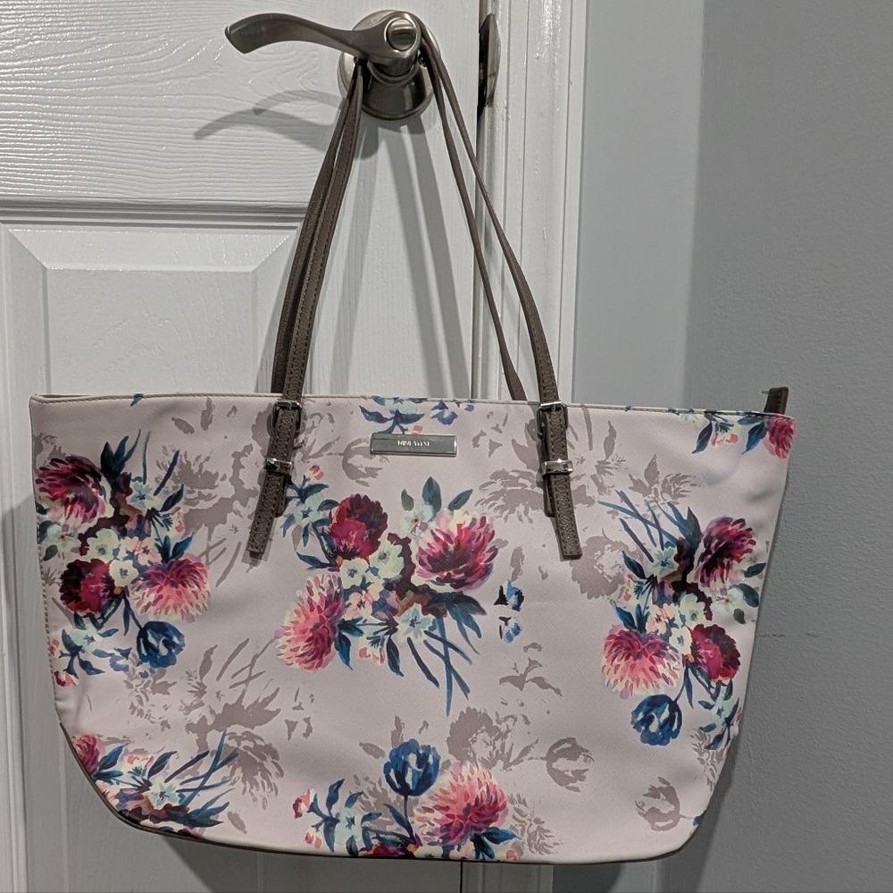 Nine West Purple and Taupe Floral Shoulder/Tote Bag with Silver Accents